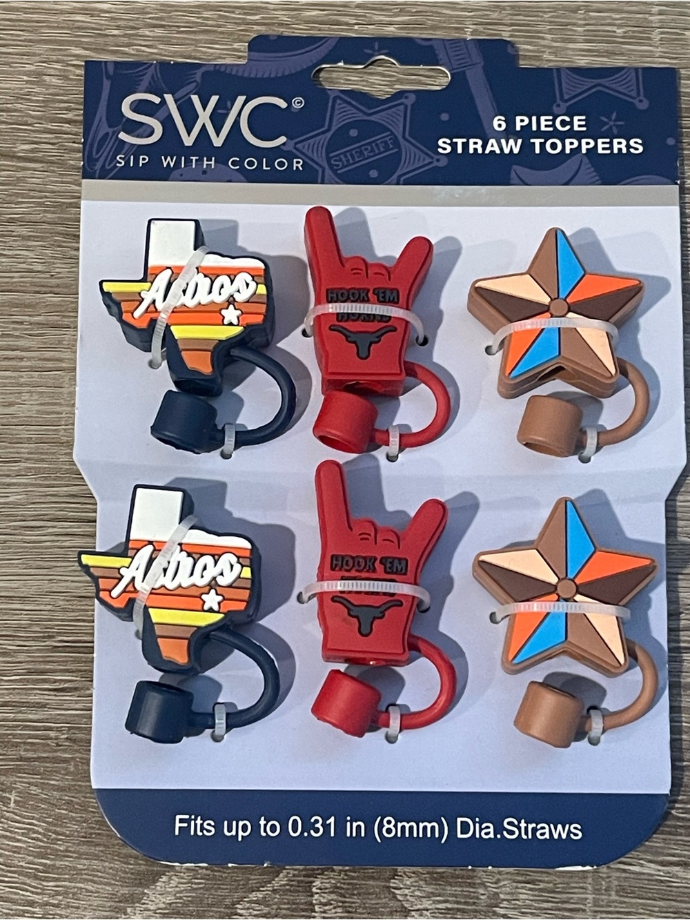 6-Piece Kids Straw Toppers - Red, Blue, Tan